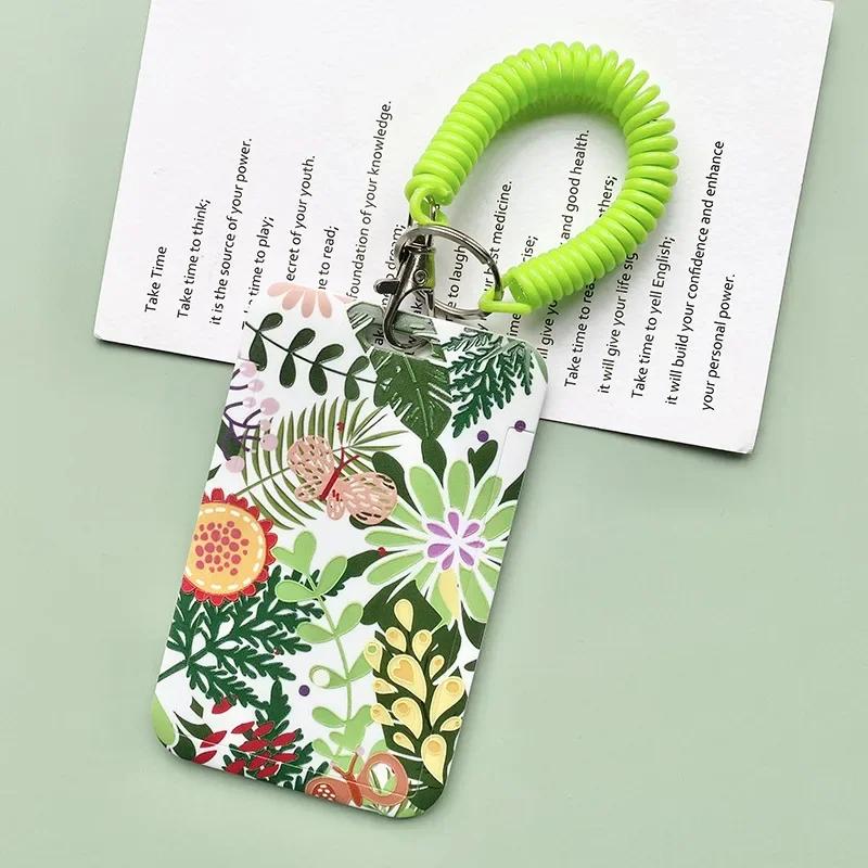 Women Green Cards Protecting Credit Card Holder with Lanyard String Student Plant Print Bus ID Name Badge Plastic Card Cover