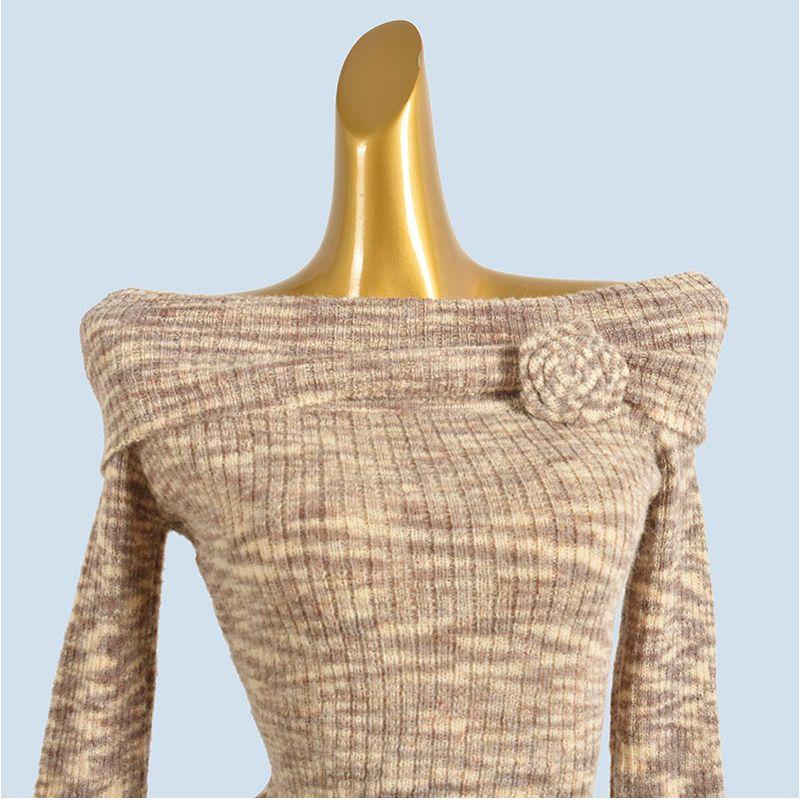 French Style Blooming off-Shoulder Long Sleeve Knitted Autumn New Slim Fit Design Bottoming Shirt Slim Fit Slimming Temperament Top