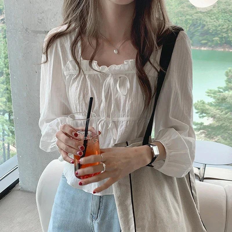 New Long Sleeve Spring Sweet Blouse Lace Up Women White Shirt Casual Girls Elegant Korean Fashion Women Blouses Femme Tops Soft 11700