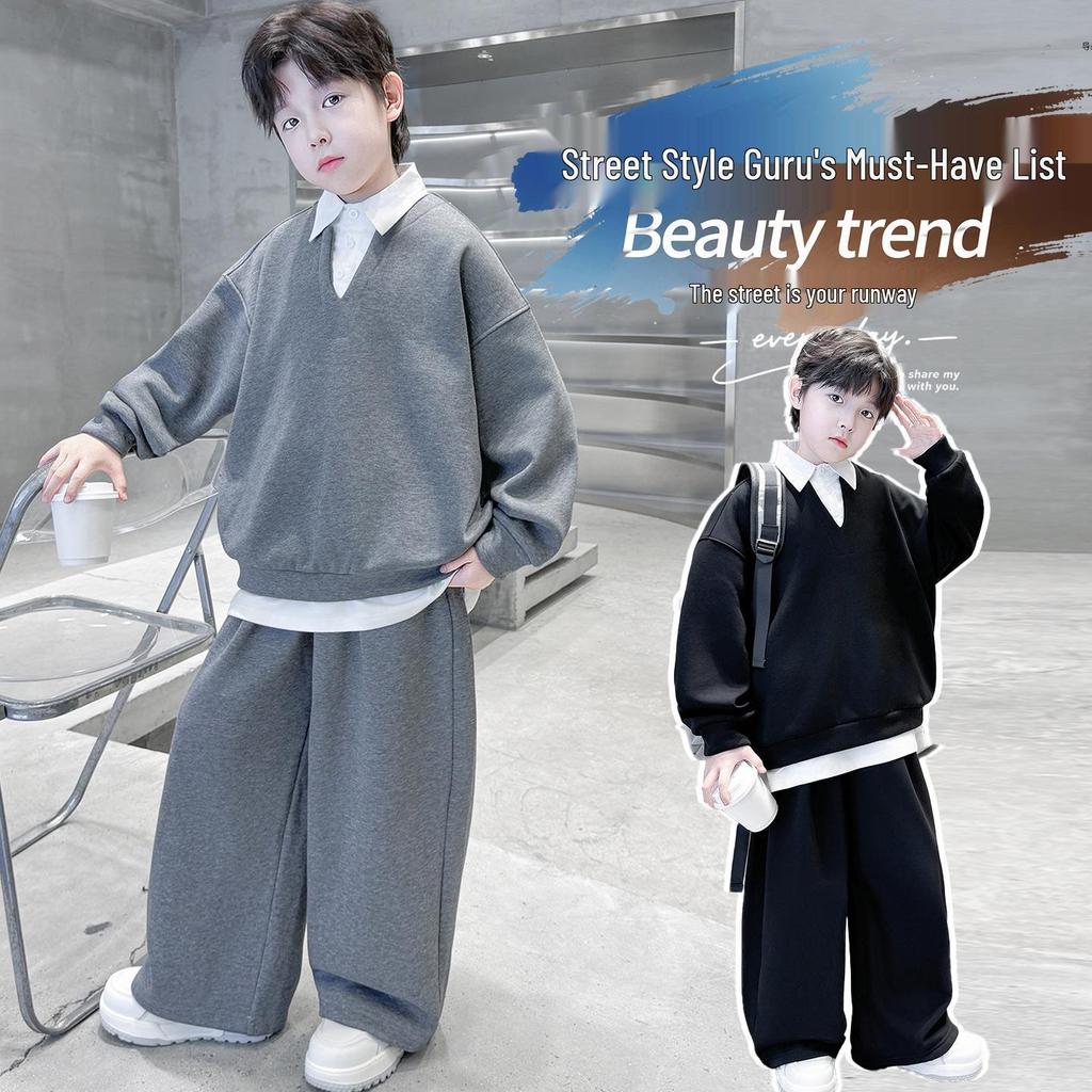 2025 Boys' Spring & Autumn Two-Piece Set - Fashionable Shirt Collar & Knitted Design