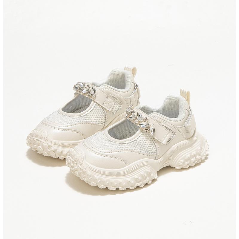 Children's Rhinestone Durian Sole Girls Hollow Running Shoes 2025 Spring Mesh Breathable Little Girl Light Sports Shoes