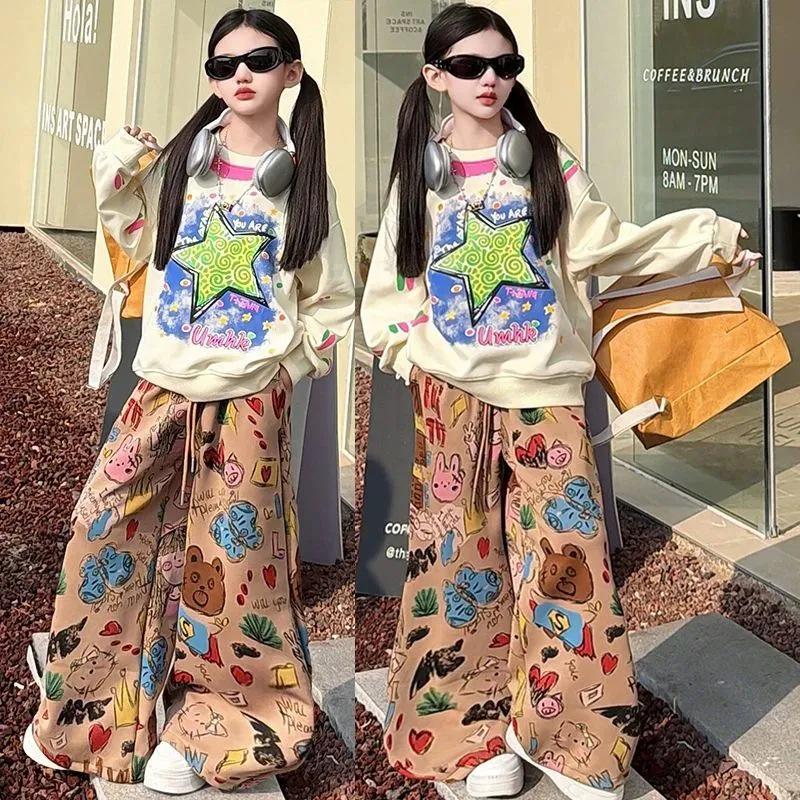 Girls' Trendy Korean Style Hoodie & Wide-Leg Pants Set with Cartoon Design - Casual Spring/Autumn Two-Piece Sportswear