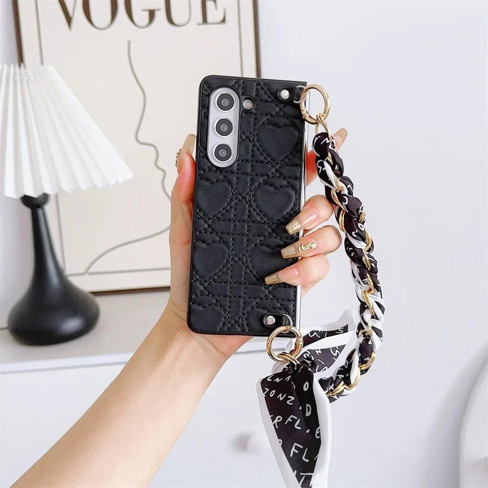 Rhombic Love Heart PU Leather Cover with Scarf Handbag Style Chain Wrist Strap For Samsung Galaxy Z Fold 6 5 4 3 5G Phone Case