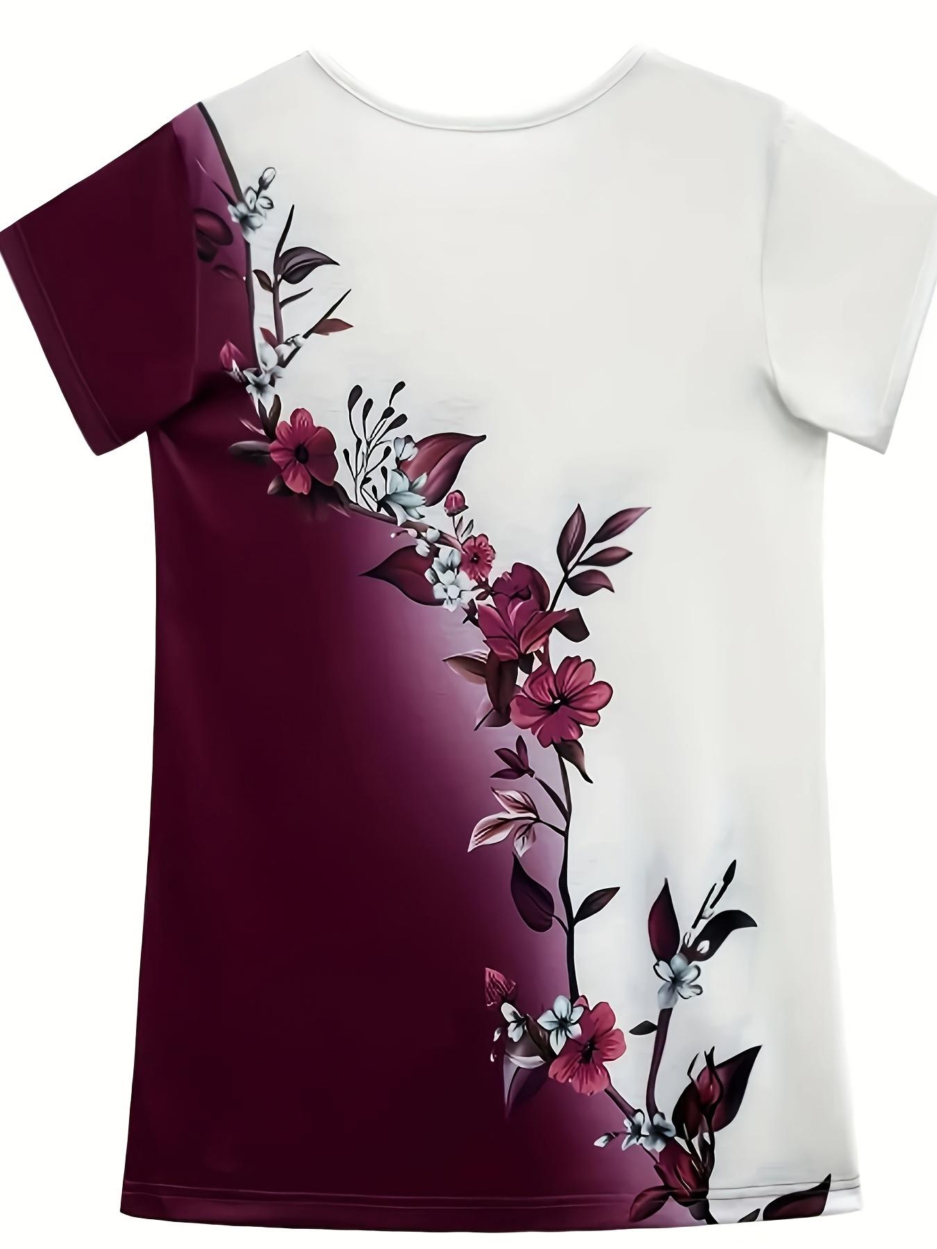 

Women s Chic Summer Floral Print T-Shirt - Casual Crew Neck. Elegant Two-Tone Design with Red and Purple Flowers. Lightweight and Breathable Fabric S дубильна кора