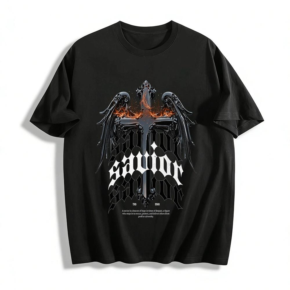 Gothic Style Savior Cross Wing Print Trendy Casual Top Pure cotton T-shirt