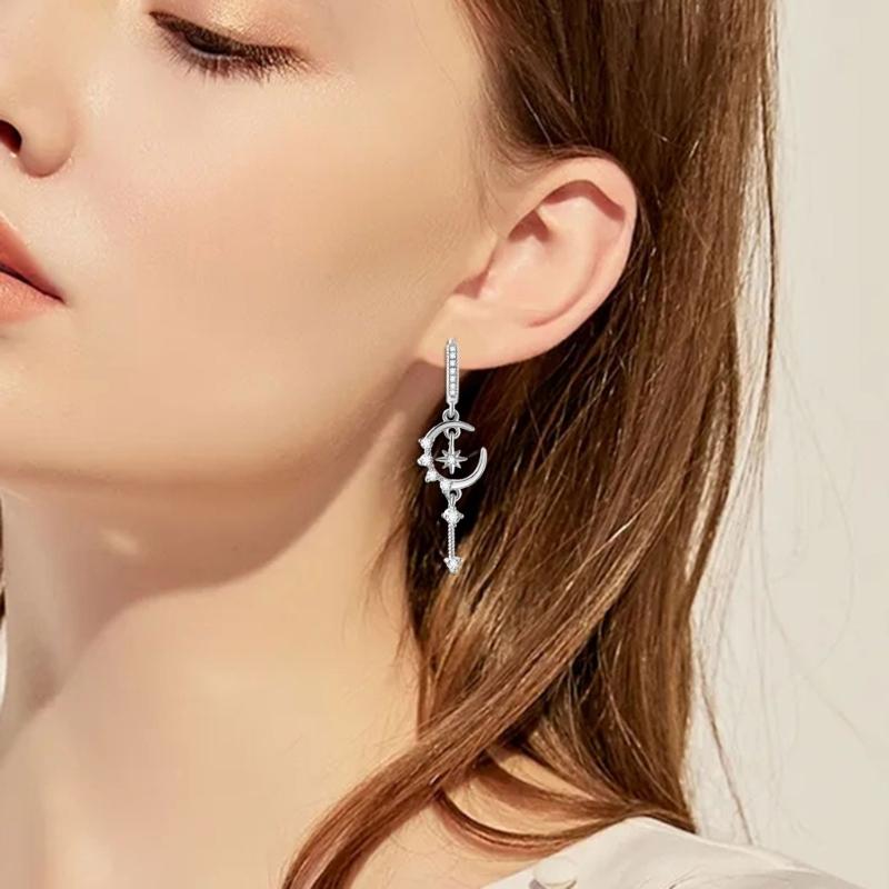 Twinkling Star Moon Floral Ear Studs With Micro Paved Zircon Accents And Lightweight Copper Construction