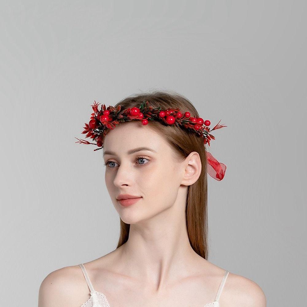 Party Hairband Cloth Crown Flower Headband Wreath Decoration Red Berry Garland Women Headwear