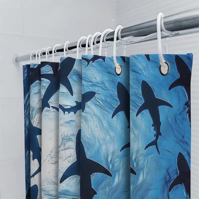 Underwater Shark Silhouette Shower Curtain Blue Ocean Theme Modern Decor Waterproof Fabric Bathroom Curtain With Shark Print