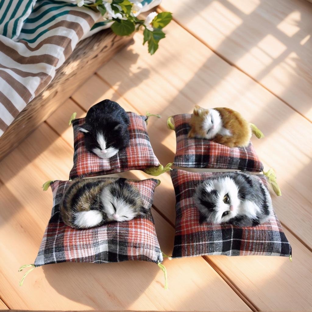 Simulation Animal Model Stuffed Sleep Cats Doll Plush Furry Kitten Ornament On Cushion Mat for Children Adult Present