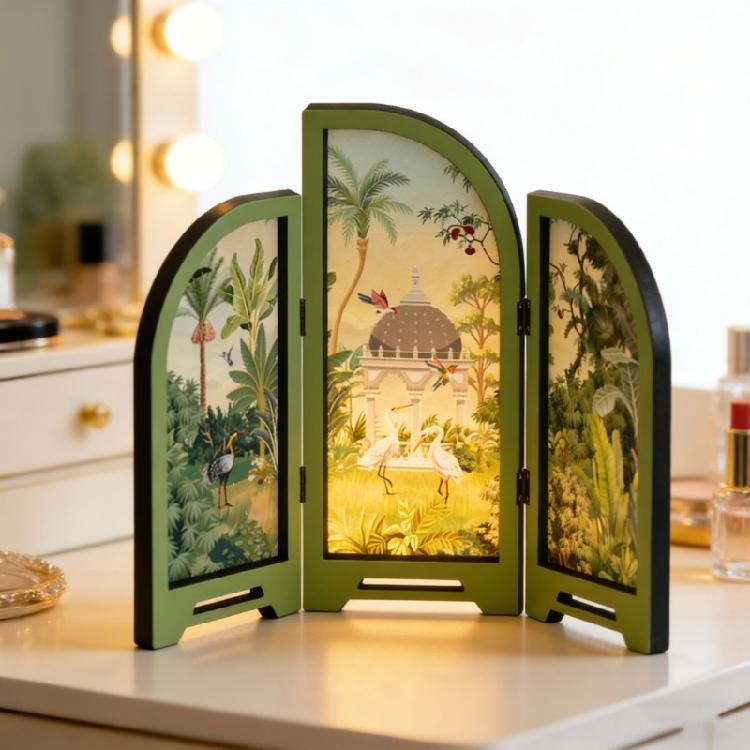 Paravento da Tavolo Decorativo a 3 Pannelli Divisorio Estetico Pieghevole per Scrivania Ornamento Feng Shui per Arredo Sala da Pranzo