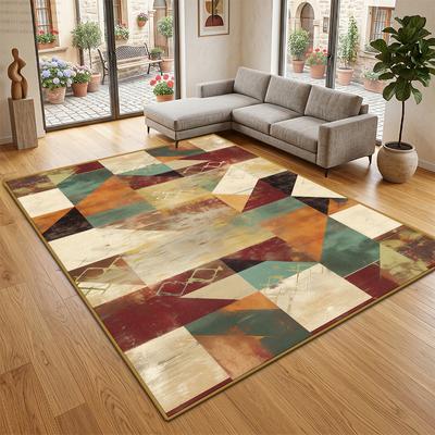 Warm Toned Retro Geometric Style Washable Soft Rug Decoration Living Room Non-slip Carpet Large Area Foldable Coffee Tables Mats