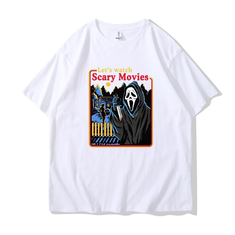 Vintage Lets Watch Scary Movies Screams Horror T-Shirt Men Crewneck 100% Cotton T Shirts Short Sleeve Tee Shirt Classic Clothes