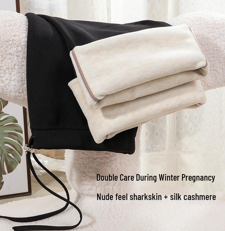 Winter Fleece-Lined Maternity Flare Pants with Abdominal Support and High Waist Design