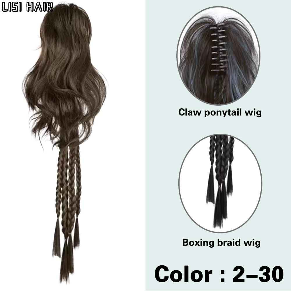 LISI HAIR Syntetisk langt hår flette hestehale krøllete hår hestehale flette parykk klo klips hestehale forlengelse 24 tommers hårstykke