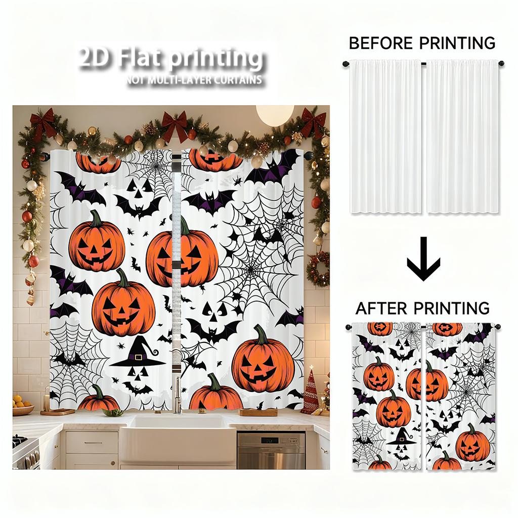 Piece Set High Definition Digital Printed Curtainshalloween Orange Pumpkins Black Bats Spiderwebs Witchhat Patternhome Deco Curtain Made Of Polyester