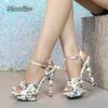 Fashion 13CM High Heeled Sandals Flower Print Ankle Strap Women's Platform Sandalias Fashion Party Dress Tacones Size 34-43 Heels Women