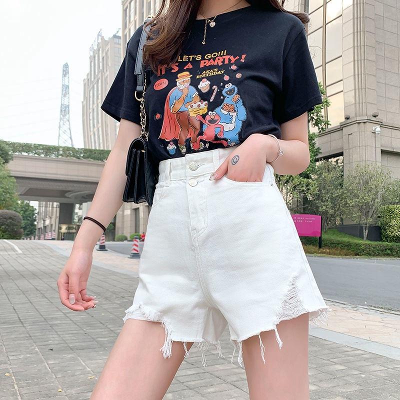 Pants Classic and Minimalist Fashion Versatile Summer High-waisted Women's Broken Holes Thin A-line Wide-leg Loose Sub Denim Shorts Individuality