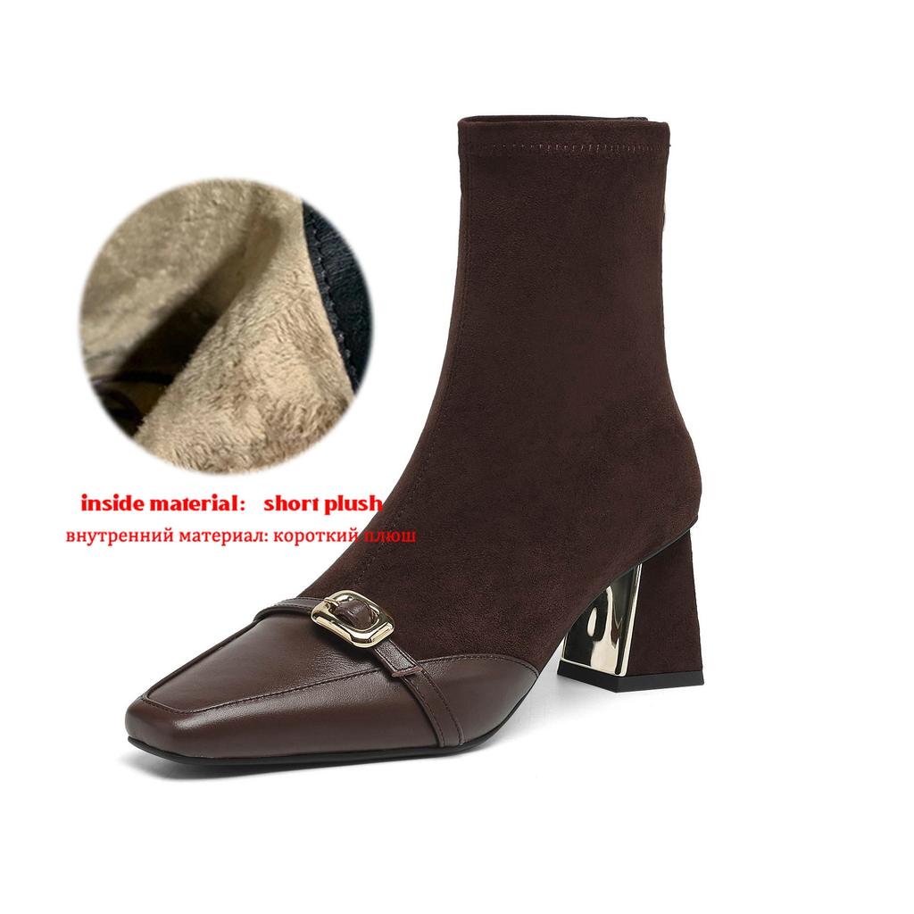 Krazing Pot Flock Cow Skin Square Toe Thick Heels Chelsea Boots Size 42 Beauty Lady Women Metal Buckle Ankle Boots