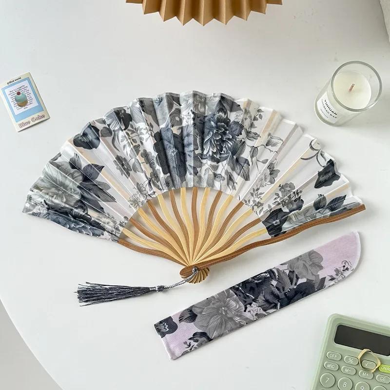 Chinese Retro Flower Ink Painting Style Pattern Women Silk-cloth Folding Fan Traditional Art Curved Bone Dance Fan with Tassel