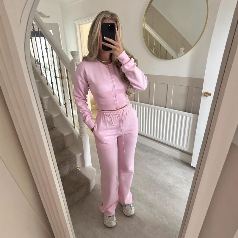 Womens Winter Casual Two-Piece Set Solid Color Zip-Up Top Straight Leg Pants Streetwear Outfit