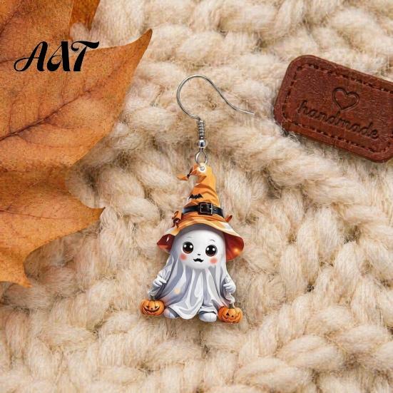 Holiday Themed Jewelry 1 Pair Halloween Cute Ghost Earrings, Acrylic Dangle Earrings with Witch Childlike Accessories Hat Pumpkin Bat, Anti-Rust Metal