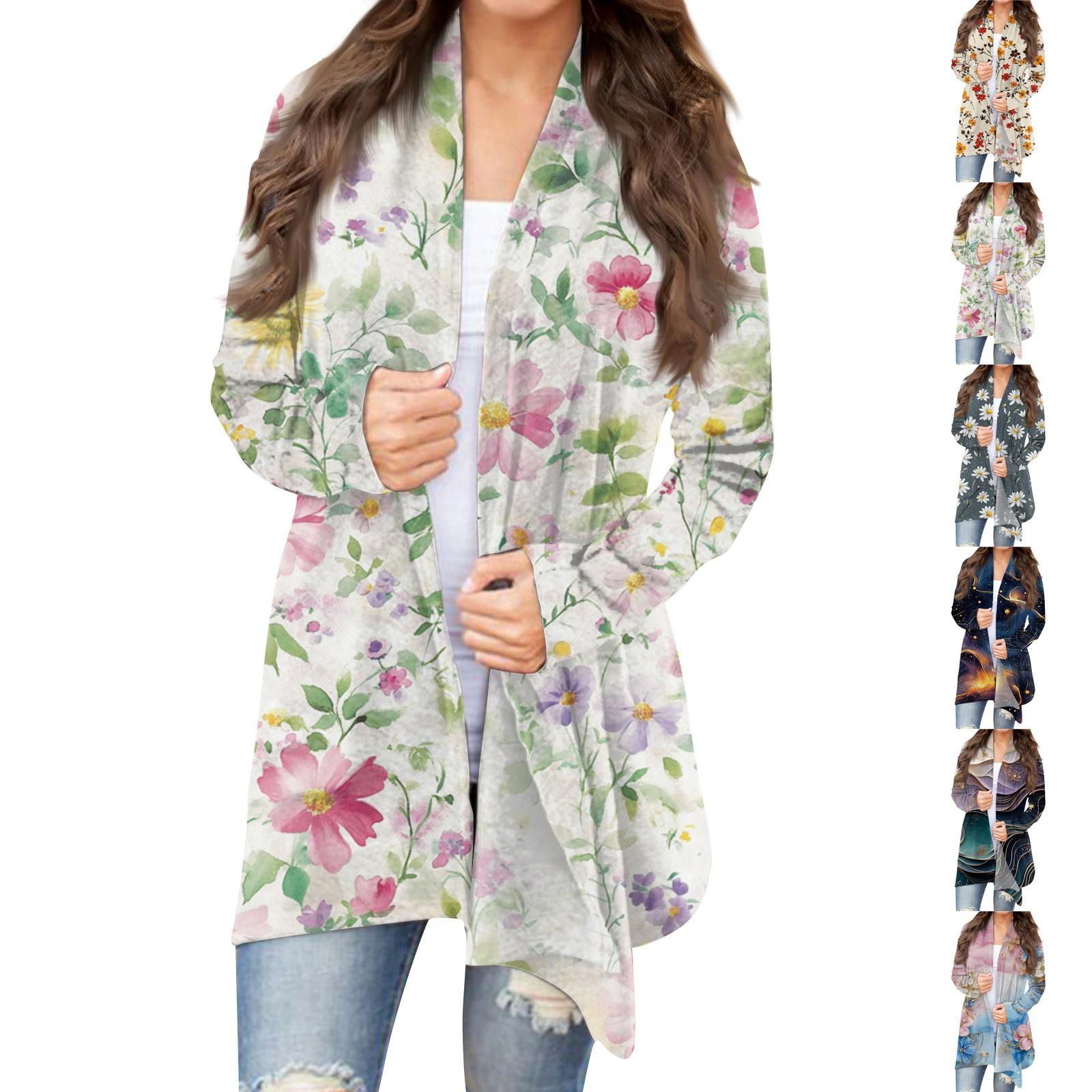 

Women s Fashion Casual Retro Print Mid-Length Cardigan Jacket M
