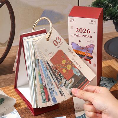 Yousheng 2026 Vintage European Style Oil Painting Flip Calendar January-December Desk Planner with Butterfly Pendant Desktop Monthly Organizer