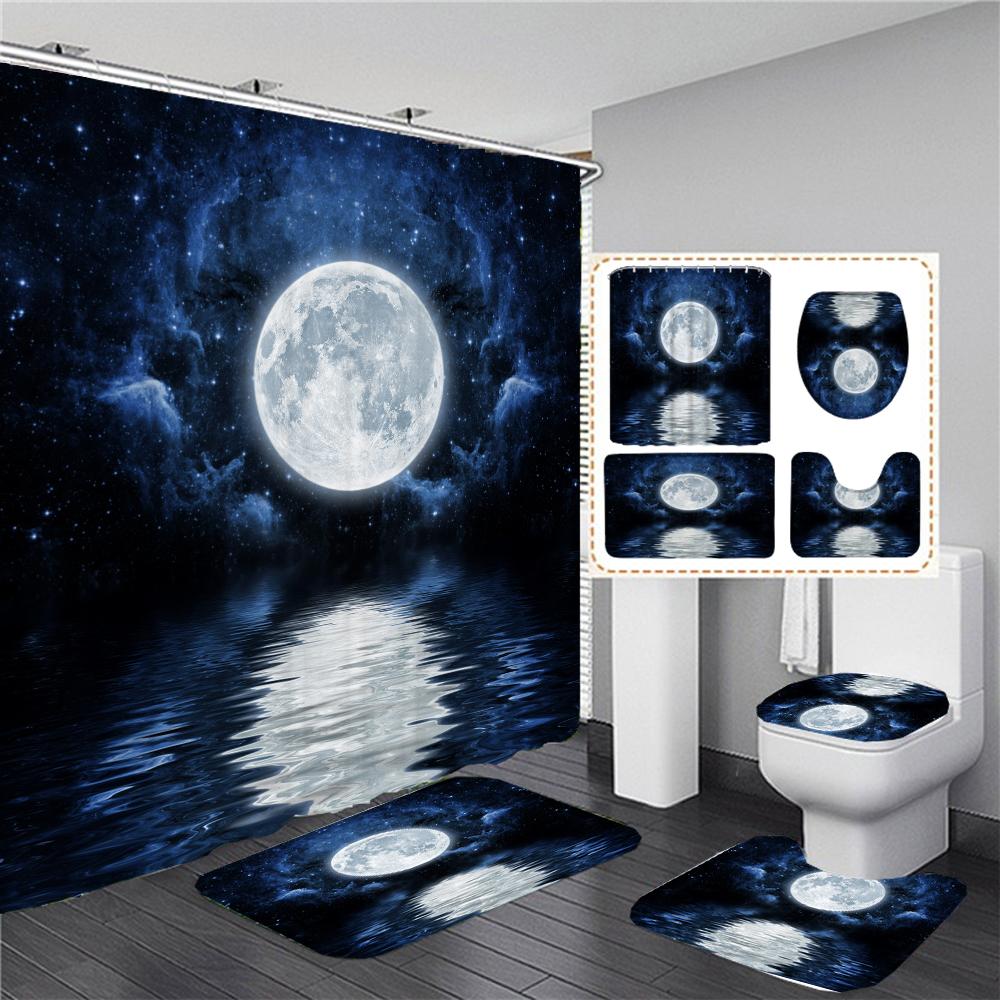 Fantasy Earth And Moon Galaxy Cosmic Space Sky Shower Curtains Bathroom Curtain Set Bath Mats Rug Bathtub Accessories Home Decor