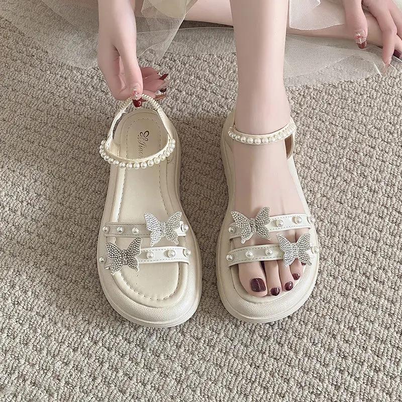 Fashion Sandals for Women Pearl Diamond Korea Sandal Luxury Summer Asian Size Woman Shoes Vintage Comfortable and Elegant 2025 Footwear