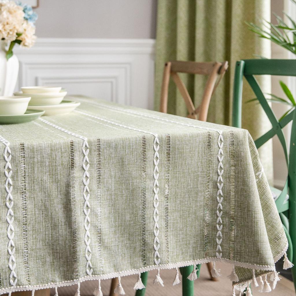 Table Cover Cotton Linen Tablecloth Stripe Tassel Stain Resistant Dust-Proof  for Kitchen Dinning Tabletop Decoration Rectangular