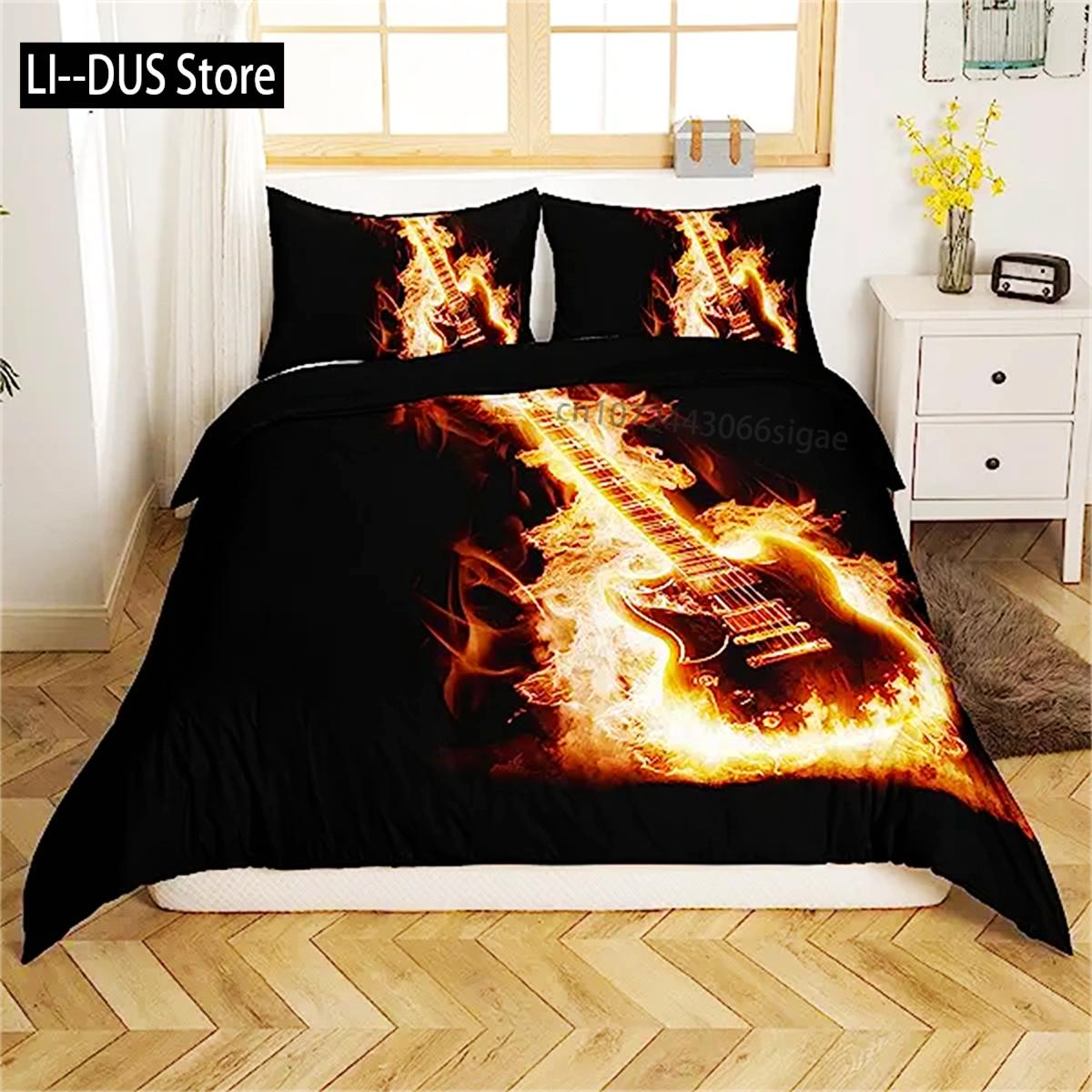 

Comforter 3D Rock Music Themed Guitar Colorful Fire And Water Bedding Set Modern Gorgeous Microfiber Polyester For Boy Gifts Comforter (quilt)-EU Single(135*200cm)3pcs