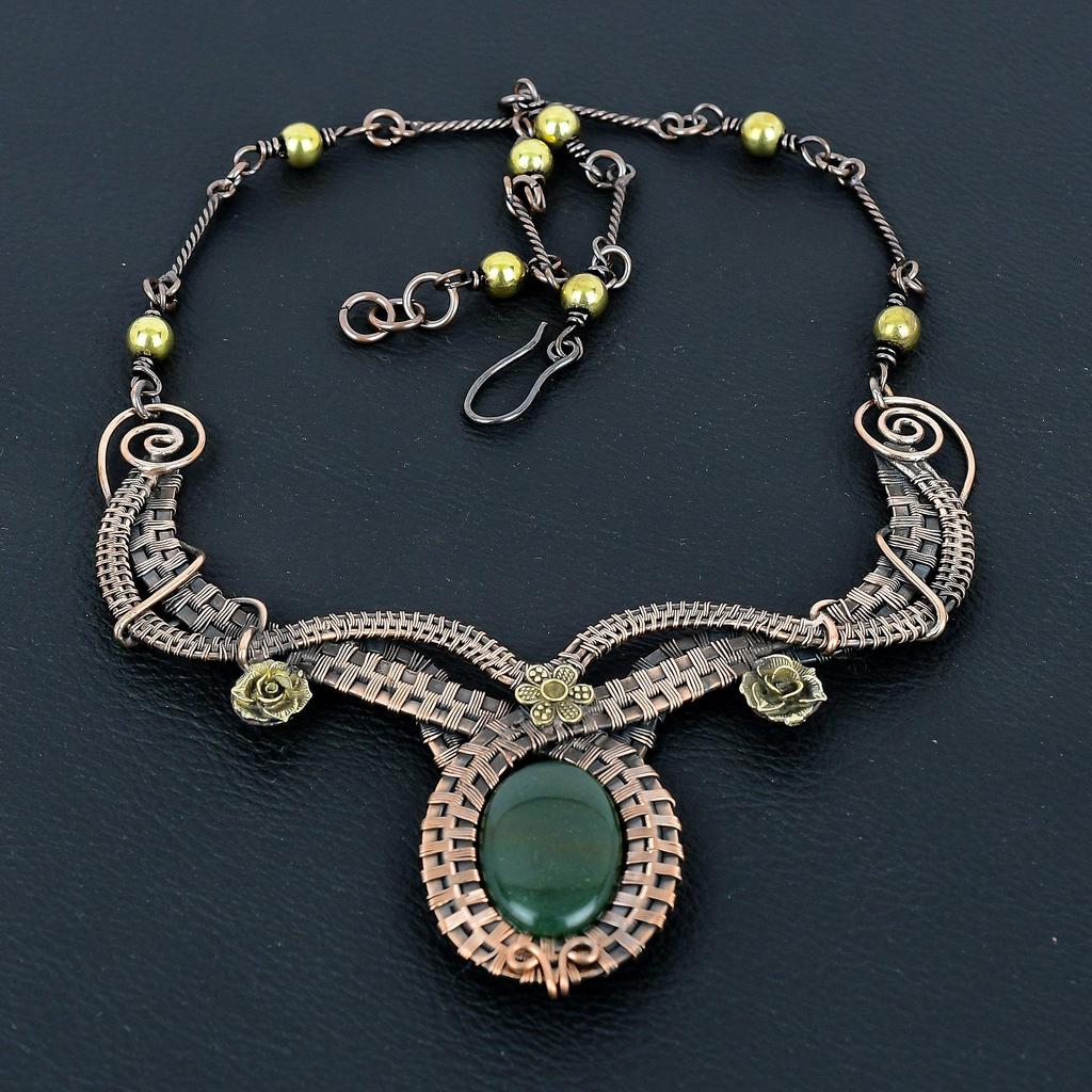 Green Jade Selenite Gemstone Handmade Necklace, 999 Copper Wire Wrapped Adjustable Chain Necklace Dainty Jewelry For Memorial Day