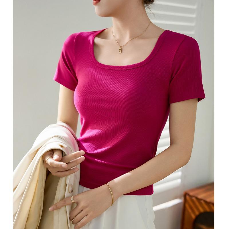 High Spring Thread Cotton Summer Dress New T-shirt Women Short-sleeved Top Square Collar Bottom Shirt