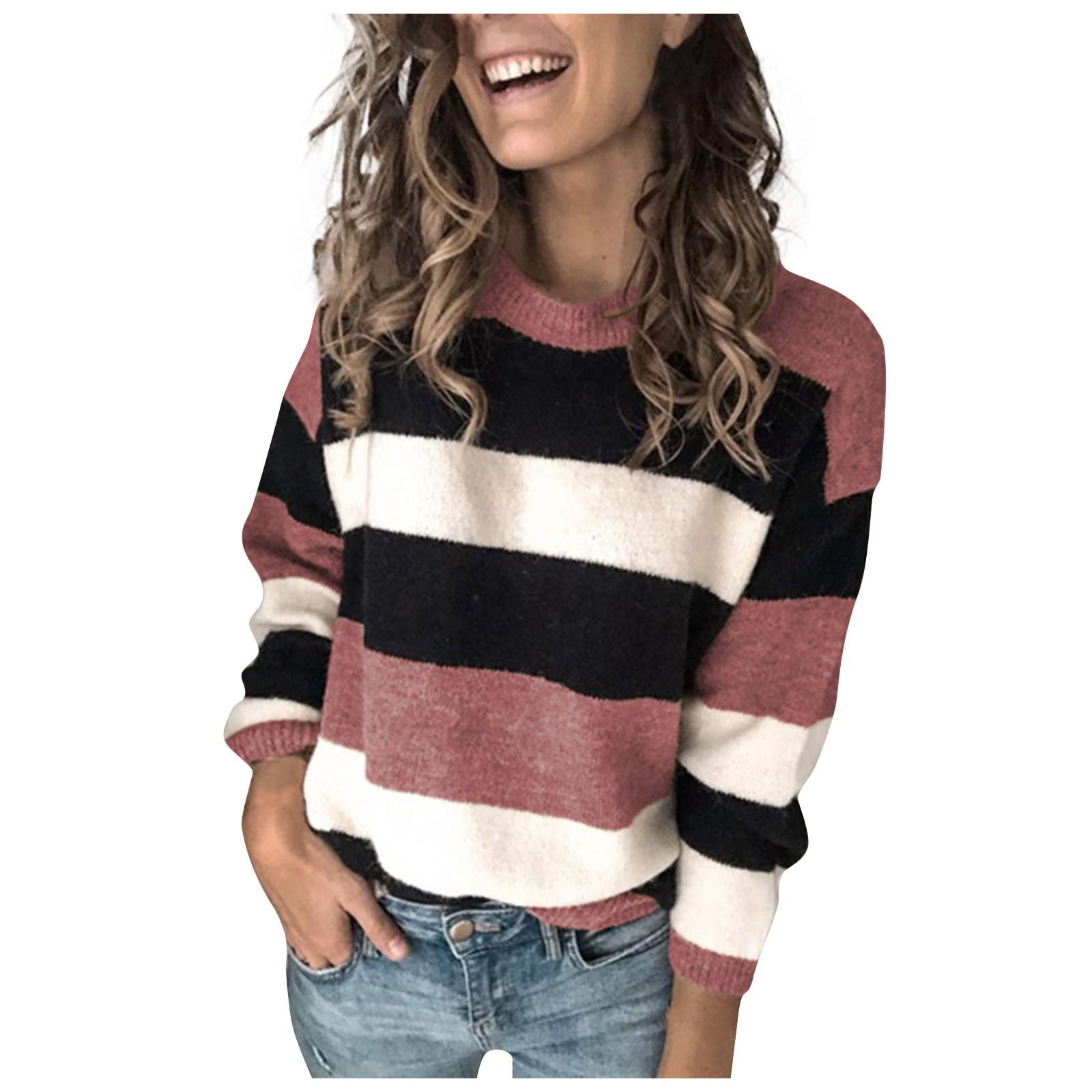 

Fashion Women Loose Striped Knit Sweater Pullover Long Sleeve Loose Sweater Tops XXL