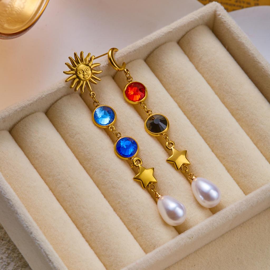 Gold Color Sun Moon Colorful Cubic Zirconia Pearl Tassel Earrings for Women Stainless Steel Long Dangle Party Jewelry Gifts Set