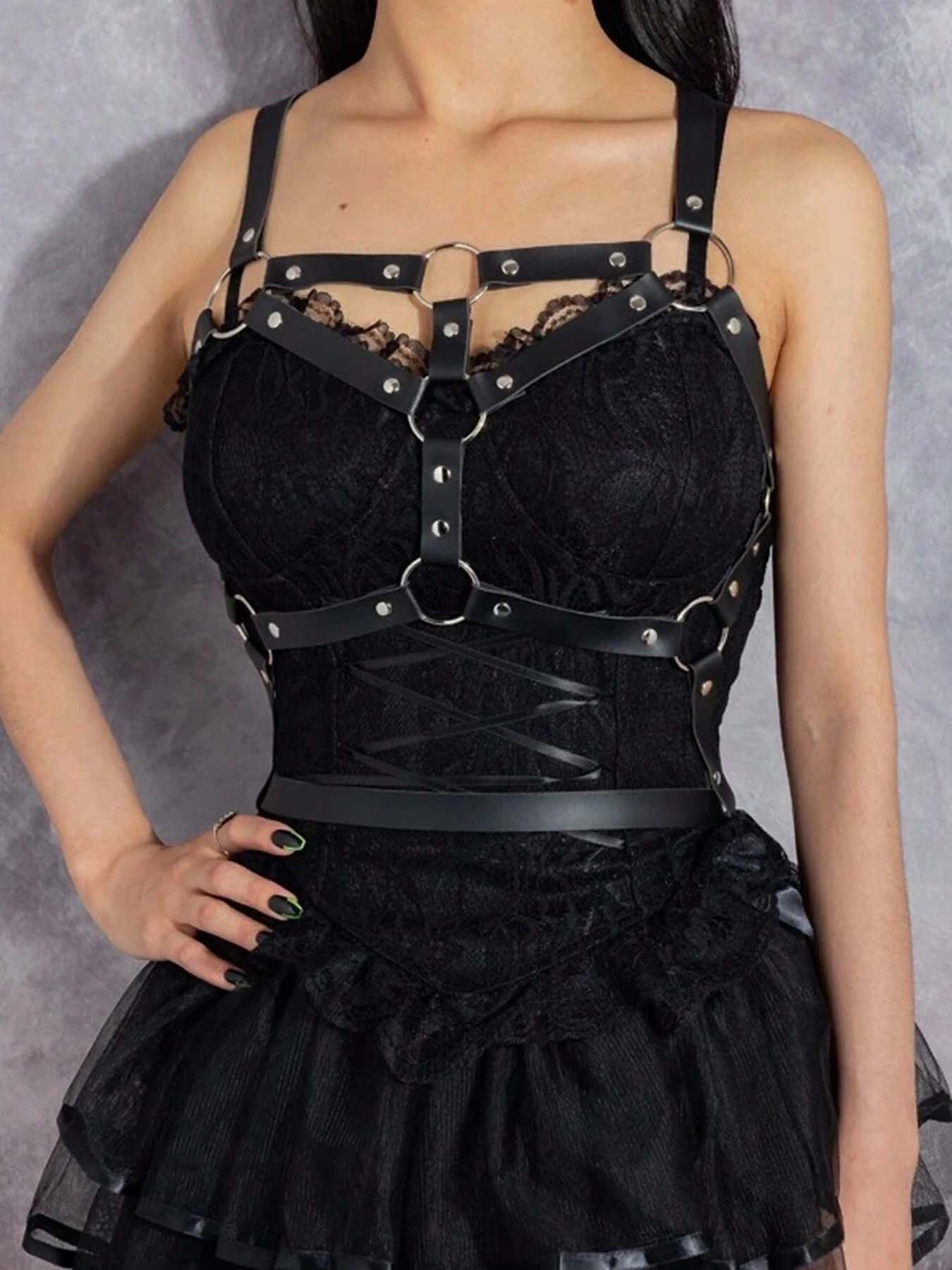 Yiran Sexy Lingerie Women's Black Adjustable Leather Harness Bra For Gothic Punk Lingerie, Body Cage Top, Plus Size Available, Perfect For Festivals 91Cm