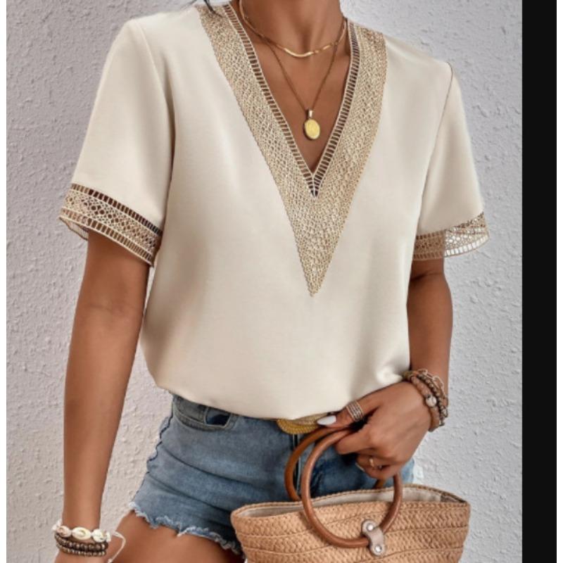 2Wish Women's Collar Lace Loose Top Commuter Short Sleeve Shirt Women's Style