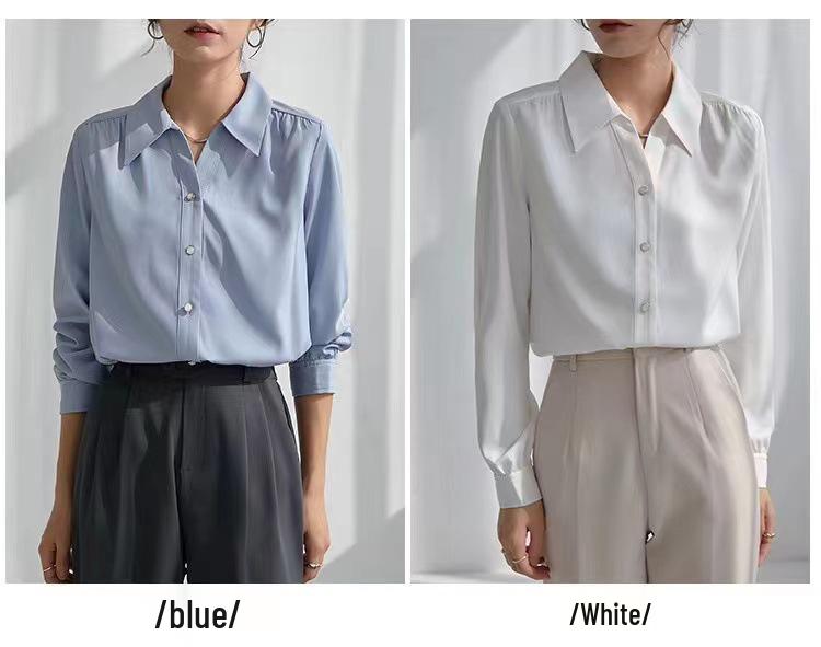 Women's Long-Sleeve White French Shirt - Spring/Autumn, Wrinkle-Resistant, Elegant Draped Style