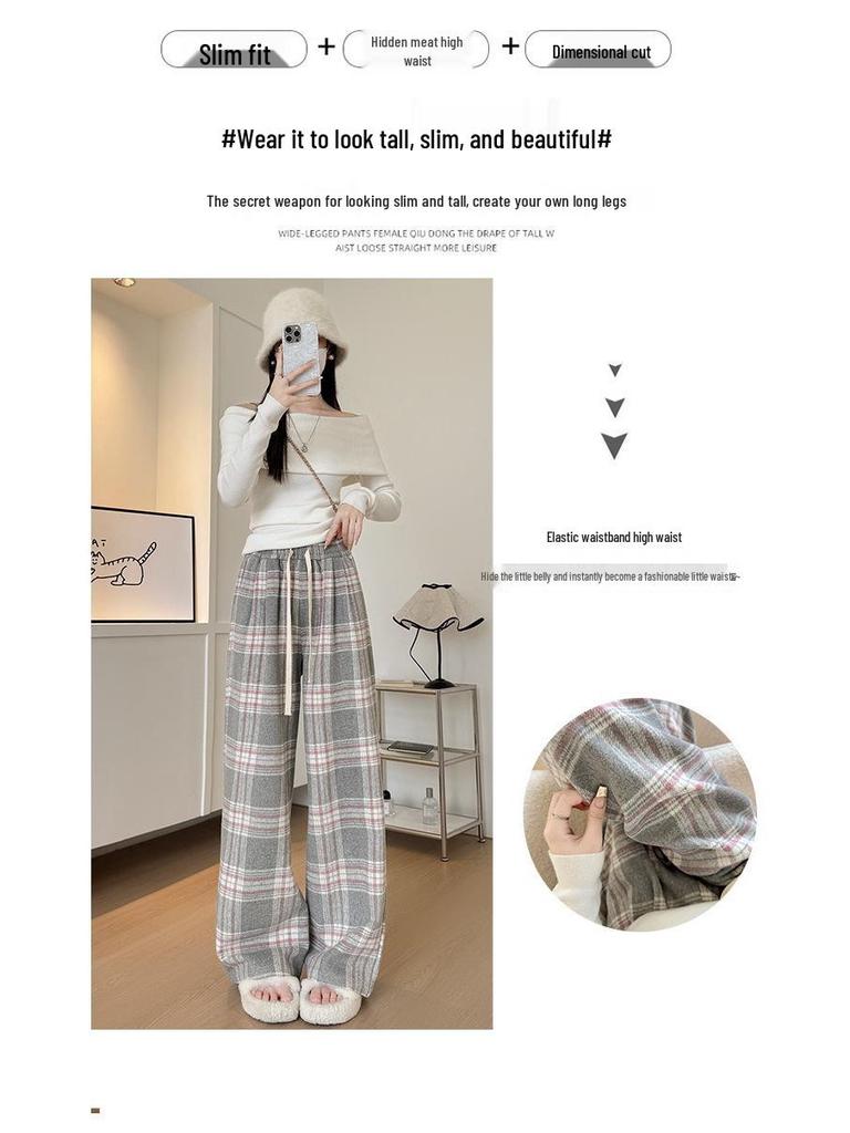 Women's High-End Retro Plaid Velvet Pants: Loose, Slimming Straight-Leg, Casual Wide-Leg Long Pants