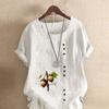 Women's New Fashion Linen Shirt Round Neck Short Sleeve Hazelnut Printed T-shirt Summer Ladies Casual Plus Size Blouse Tops