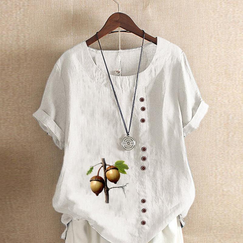 Women's New Fashion Linen Shirt Round Neck Short Sleeve Hazelnut Printed T-shirt Summer Ladies Casual Plus Size Blouse Tops