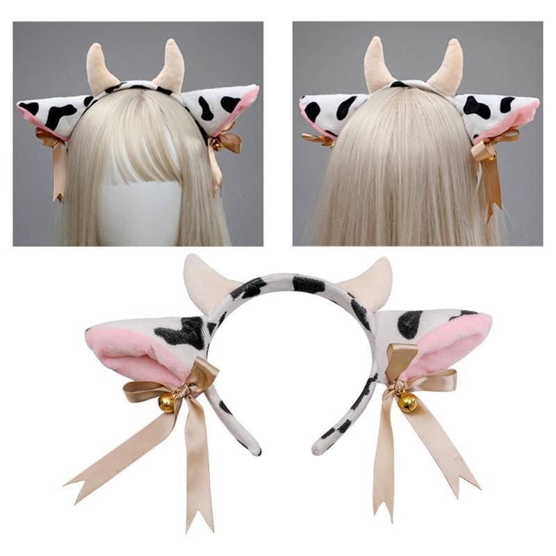 Cow Ears Horns Headband Bowknot Ribbon Bells Headwear Elastic Hair Hoop for Party Animal Cosplay Costume Accessories