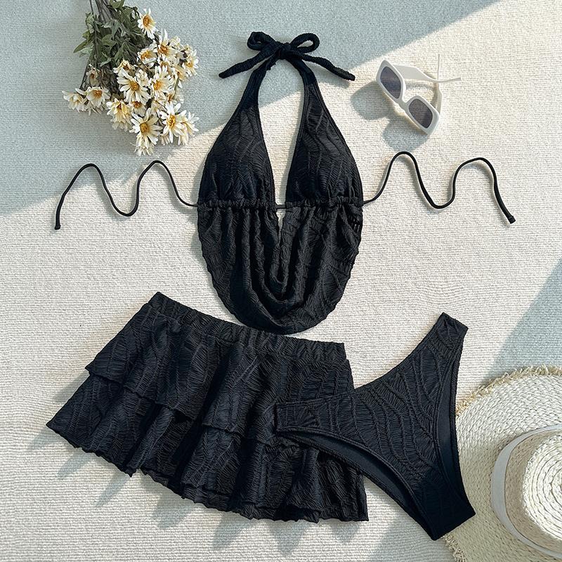Fashion New Solid Color Split Swimsuit Women Halter Bikini Three-piece Seaside Beach Drawstring Swimsuit