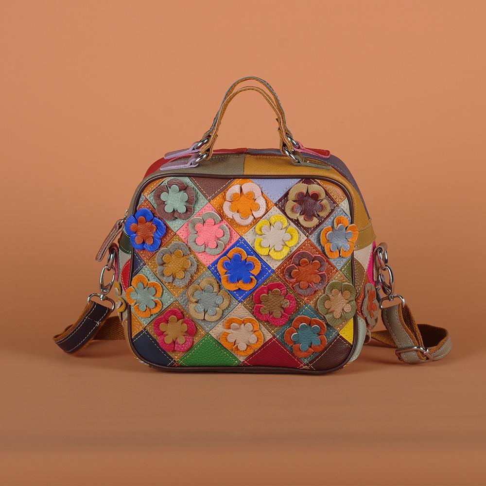 Wind Leather Handbag Messenger Bag Hand-Spliced Flower Women'S Bag Colored Rhombus Leather Small Square Bag Women'S Bag