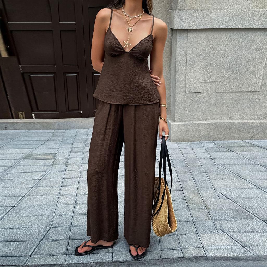 Damen Sommer Zweiteiler Ärmelloses V-Ausschnitt Camisole Top und Weite Hosen Leichte Lässige Urlaubsoutfit