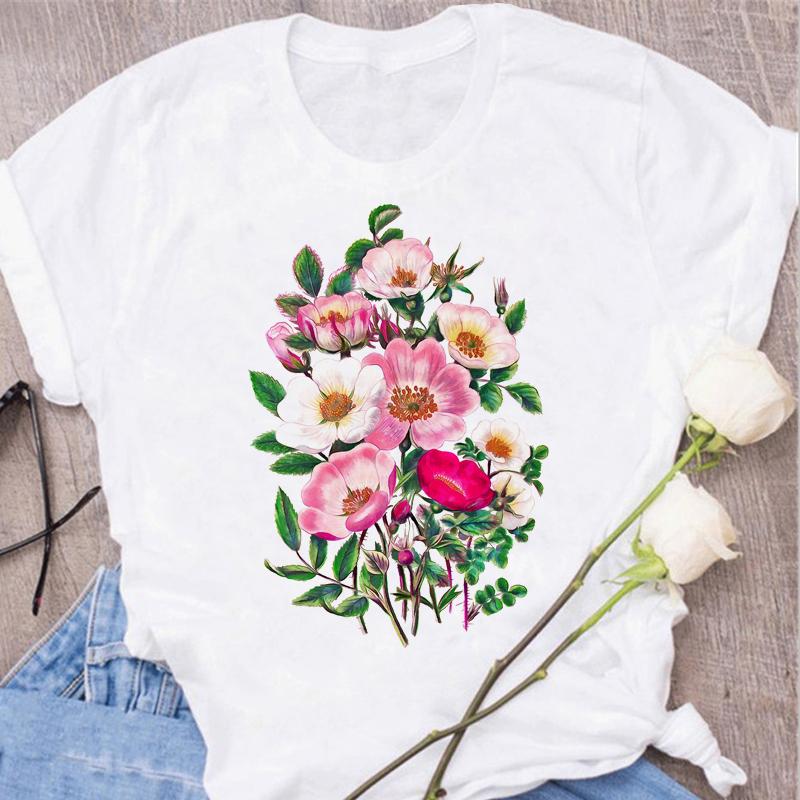Women's Tops Fashion Flower Floral Print Lady T-shirt Casual Short Sleeve Aesthetic Clothes Shirt T-shirts Female Tops Tees