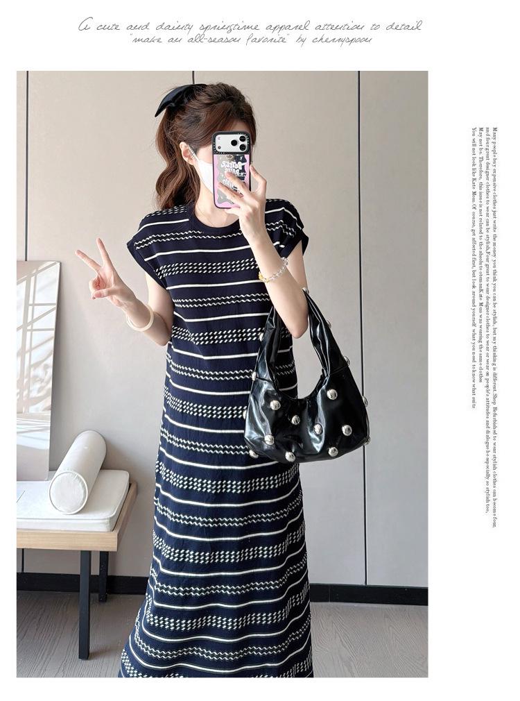 New Summer Ice Silk Maternity Dress with Short Sleeve Polo Collar and Slimming Color Block Stripes