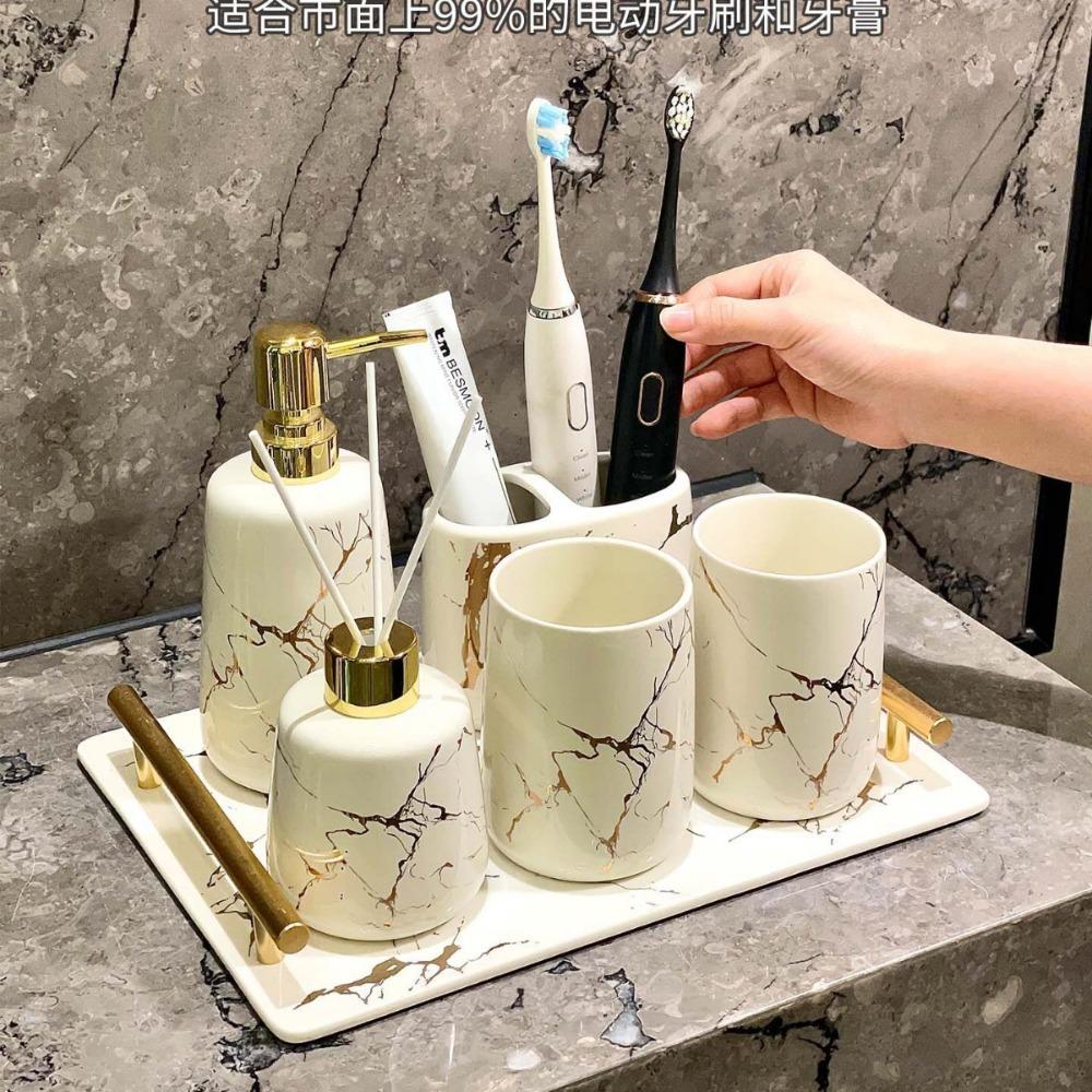 6-piece Bathroom Supplies Ceramic Marble Mug Emulsion Bottle Toothbrush Holder Storage Tray Bathroom Decoration Accessories