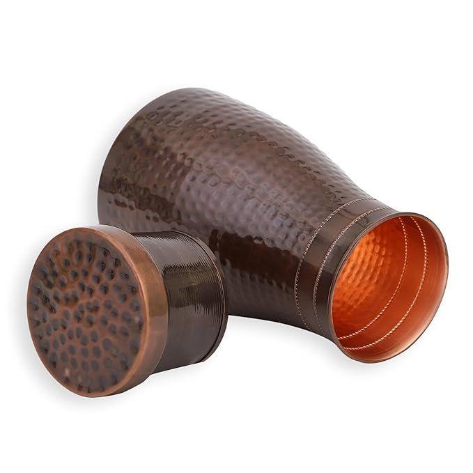 Copper Bedroom Jar with Inbuilt Glass | Rarity Hammered Design | Handcrafted, Leakproof, Jointless | Ayurvedic Benefits, Antioxidant Properties |