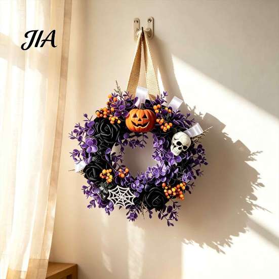Elegant Mystery Style Garland Halloween Wreaths for Front Door, Skull Pumpkin Wreath with Berries, Black Spooky Bat Cabin Party Props Roses,